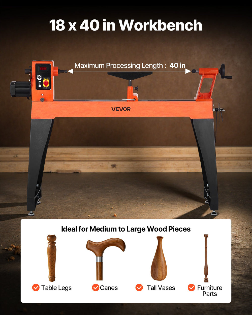 VEVOR Woodworking Lathe, 1500W / 2 HP, Wood Lathe Machine with 0 to 3200 RPM Variable Speed, 457 x 1020 mm Workbench, Brushless DC Motor, Cast Iron Body, Tool Rest, for Medium to Large Projects Woodworking