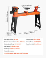 VEVOR Woodworking Lathe, 1500W / 2 HP, Wood Lathe Machine with 0 to 3200 RPM Variable Speed, 457 x 1020 mm Workbench, Brushless DC Motor, Cast Iron Body, Tool Rest, for Medium to Large Projects Woodworking