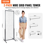 VEVOR 61 x170.7 cm Grid Wall Panels Tower, 2 Packs Wire Gridwall Display Racks with T-Base Floorstanding, Double Side Gridwall Panels for Art Craft Shows, Retail Display with Extra Clips and Hooks