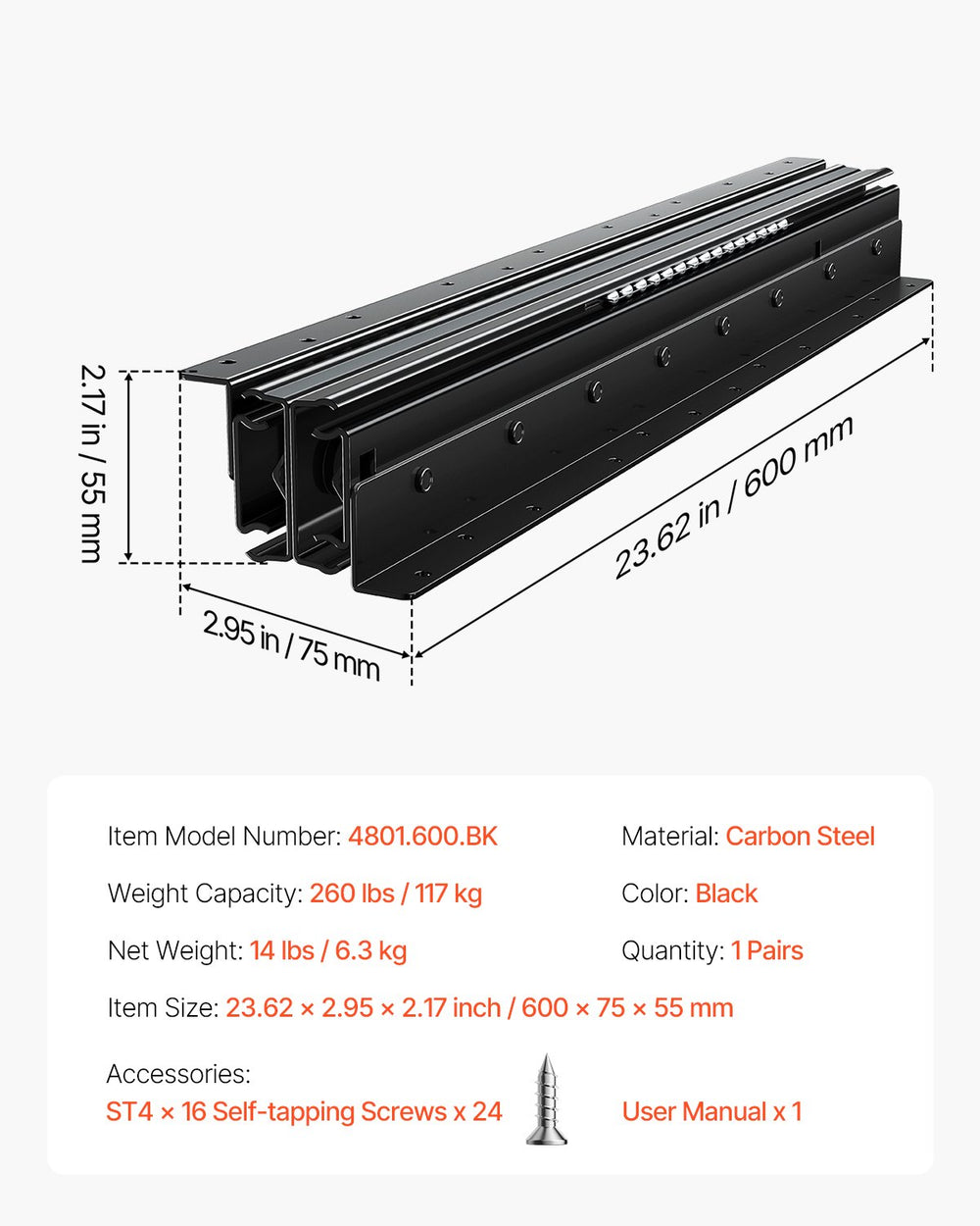 VEVOR Undermount Drawer Slides, 24 inch, Full Extension Ball Bearing Under Stair Cabinet Rails, 260 LB Load Capacity Heavy Duty Bottom Stair Cabinet Glides Track Runners,for DIY Replacement, Black