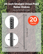 VEVOR Rebar Stakes, 609,6 mm / 24-Inch, Heavy-Duty 0.47 in Diameter, Straight Galvanized Steel Ground Anchors with Chisel Point End & Rust-Resistant Coating, for Gardening Support, Fence, Camping Tents (20-Pack)