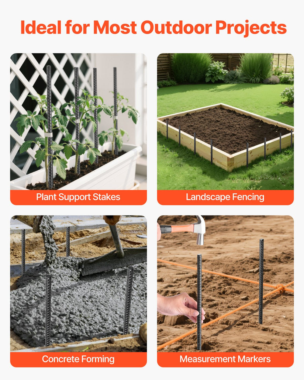 VEVOR Rebar Stakes, 609,6 mm / 24-Inch, Heavy-Duty 0.47 in Diameter, Straight Galvanized Steel Ground Anchors with Chisel Point End & Rust-Resistant Coating, for Gardening Support, Fence, Camping Tents (20-Pack)