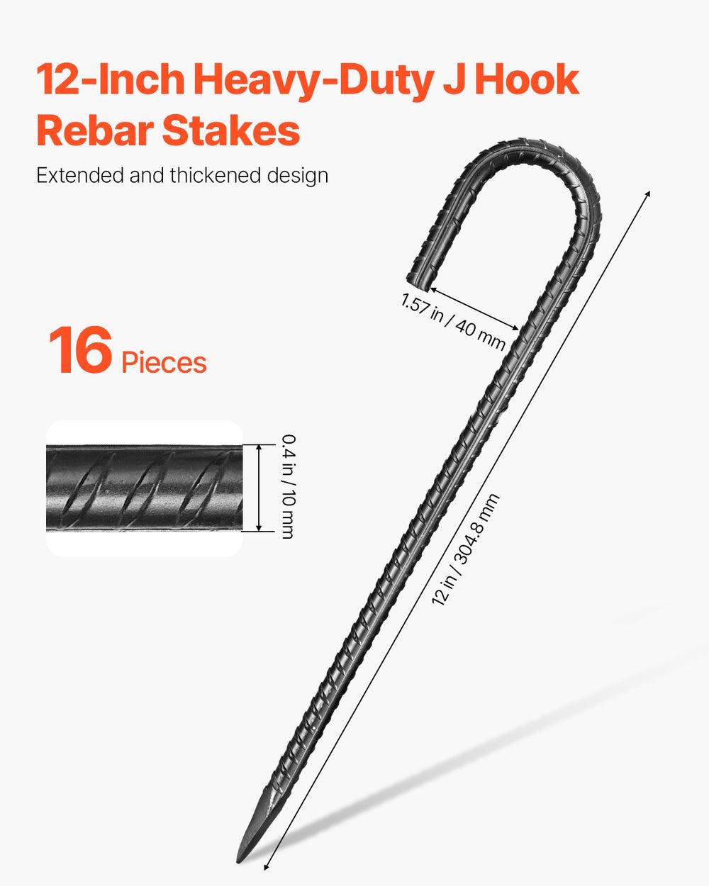 VEVOR 304,8 mm / 12-Inch 16 Pack Rebar Stakes Heavy Duty J Hook Galvanized Ground Anchors