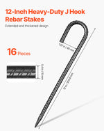 VEVOR 304,8 mm / 12-Inch 16 Pack Rebar Stakes Heavy Duty J Hook Galvanized Ground Anchors