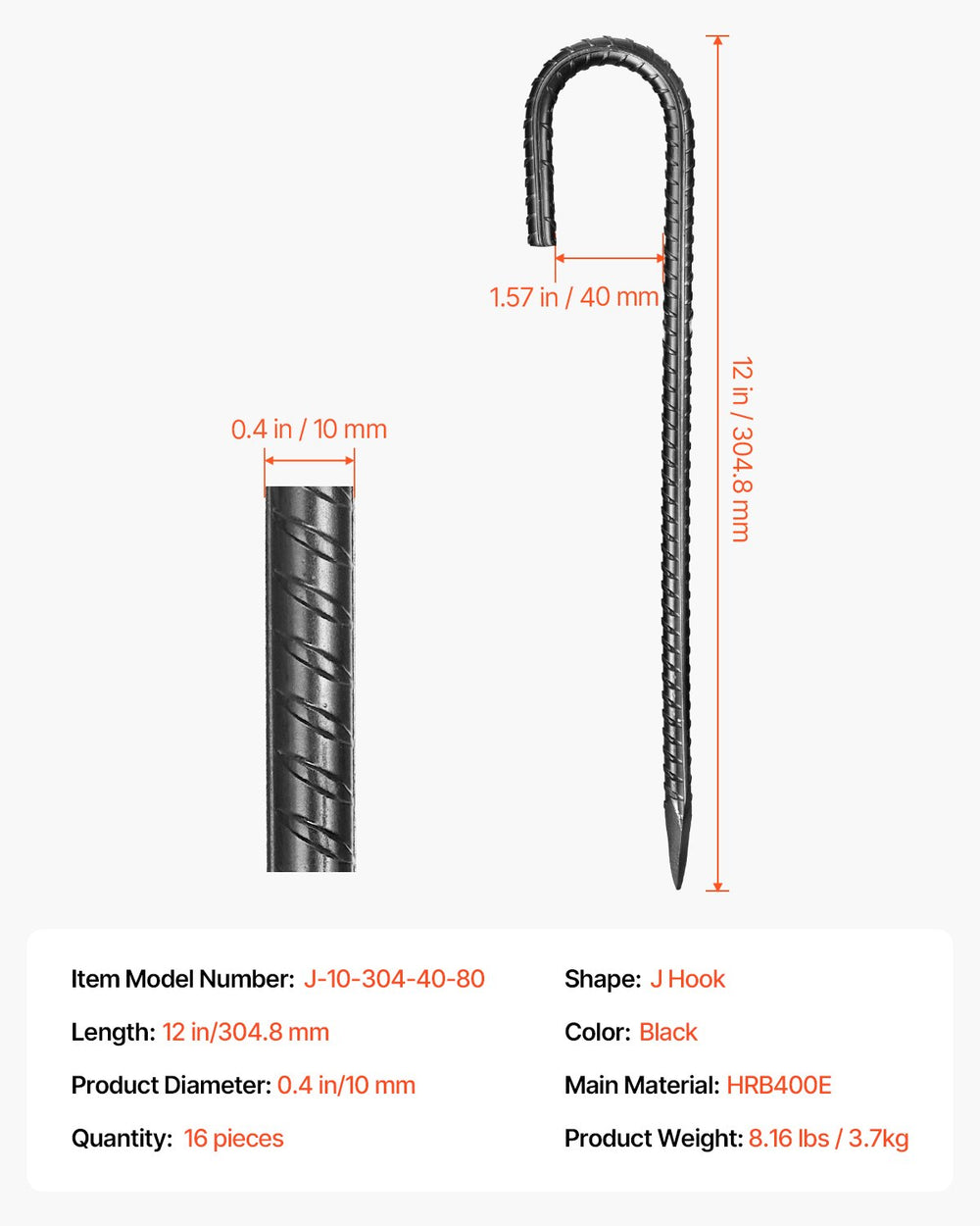 VEVOR 304,8 mm / 12-Inch 16 Pack Rebar Stakes Heavy Duty J Hook Galvanized Ground Anchors