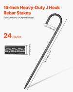 VEVOR 406,4 mm / 16-Inch 24 Pack Rebar Stakes Heavy Duty J Hook Galvanized Ground Anchors