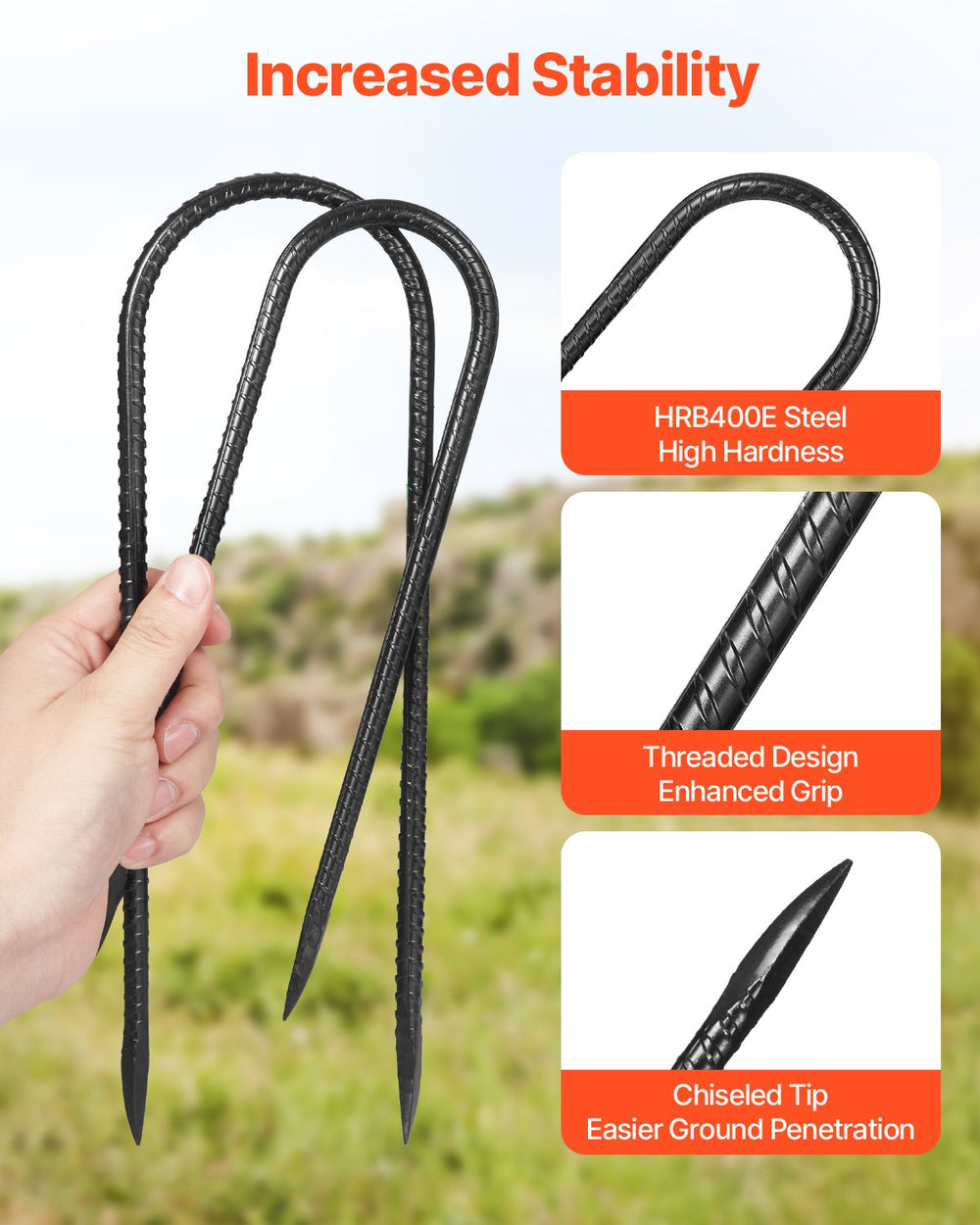 VEVOR 254x55,88mm / 10-Inch 12 Pack Rebar Stakes Heavy Duty U Shape Galvanized Ground Anchors