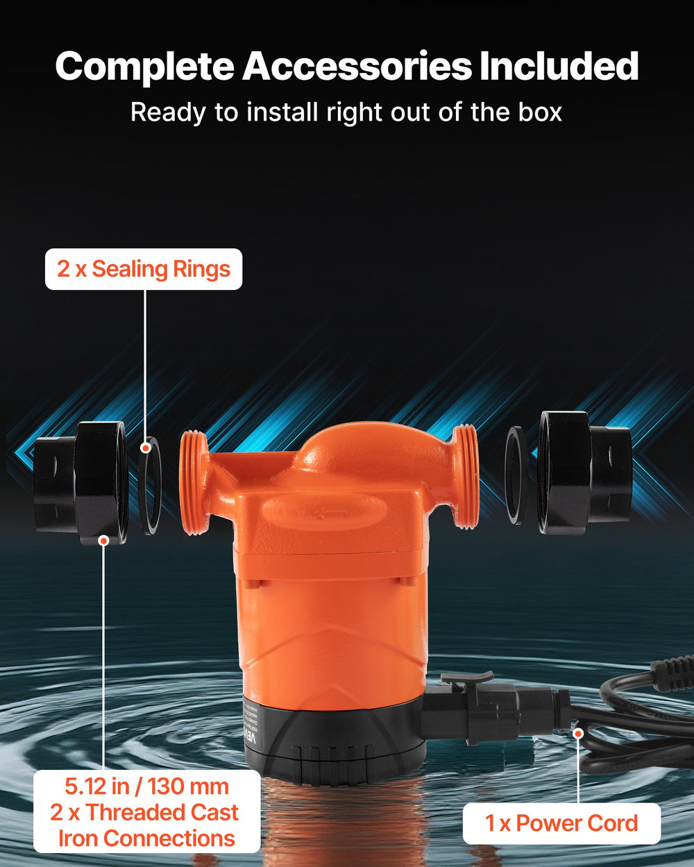 VEVOR LPS25-4BP/130 High Efficiency Circulator Pump, 42 LPM, 4 m Max Lift Cast Iron Hot Water Recirculating Circulation Pump, Threaded Connection, Check Valve, Quiet Operation, for Home Heating System