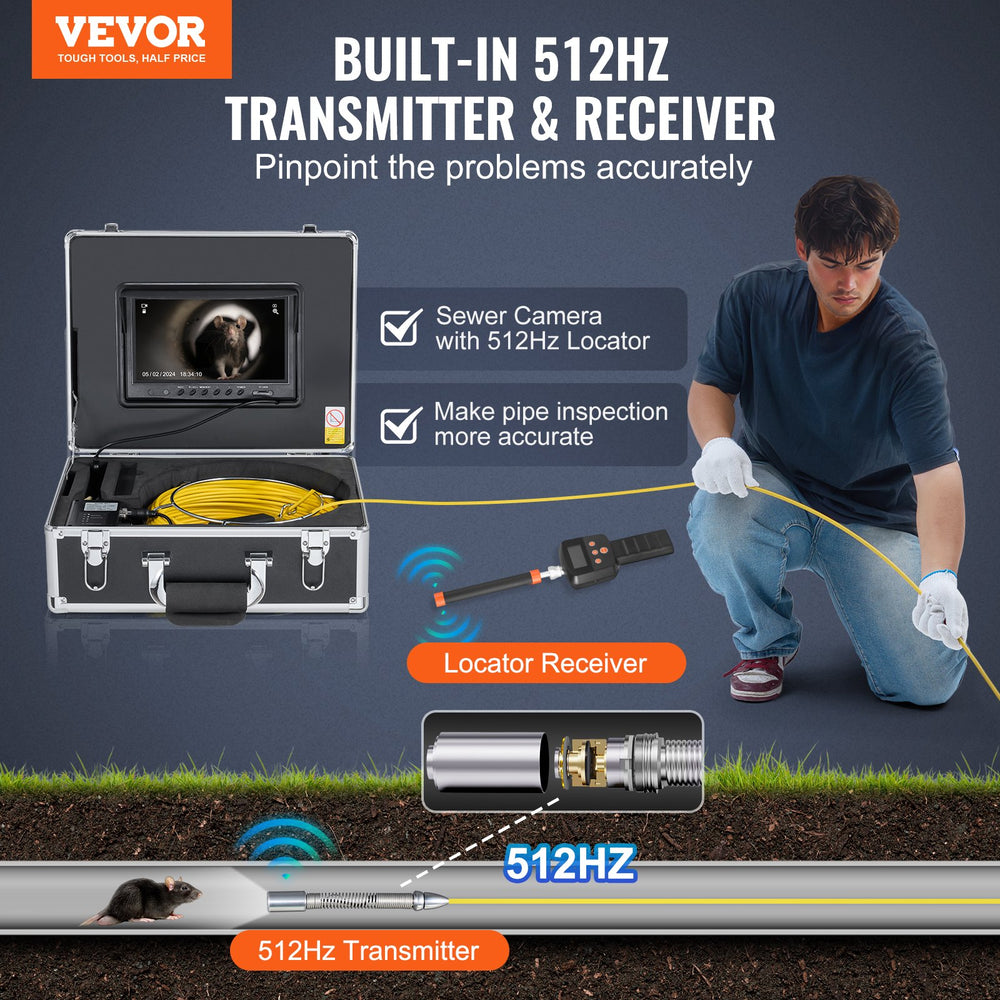 VEVOR Sewer Camera 2987 cm Self-Leveling Duct Camera with 512Hz Locator 36X Zoom