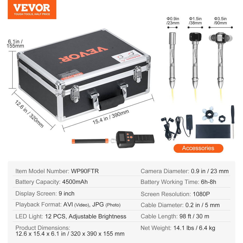 VEVOR Sewer Camera 2987 cm Self-Leveling Duct Camera with 512Hz Locator 36X Zoom