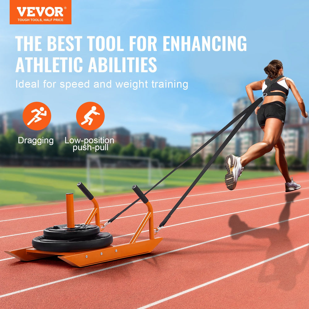 VEVOR Weight Training Pull Sled, Fitness Strength Speed Training Sled with Handle, Steel Power Sled Workout Equipment for Athletic Exercise & Speed Improvement, Suitable for 1"&2" Weight Plate, Orange