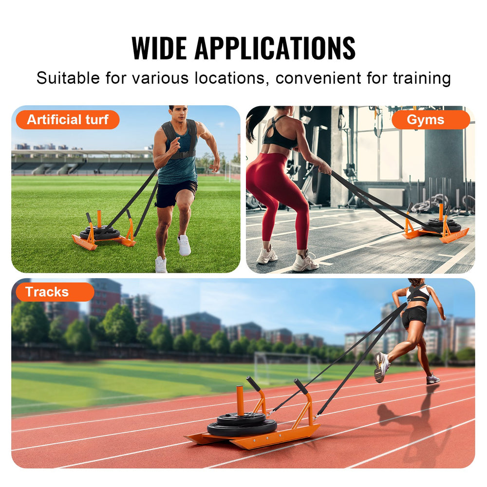 VEVOR Weight Training Pull Sled, Fitness Strength Speed Training Sled with Handle, Steel Power Sled Workout Equipment for Athletic Exercise & Speed Improvement, Suitable for 1"&2" Weight Plate, Orange