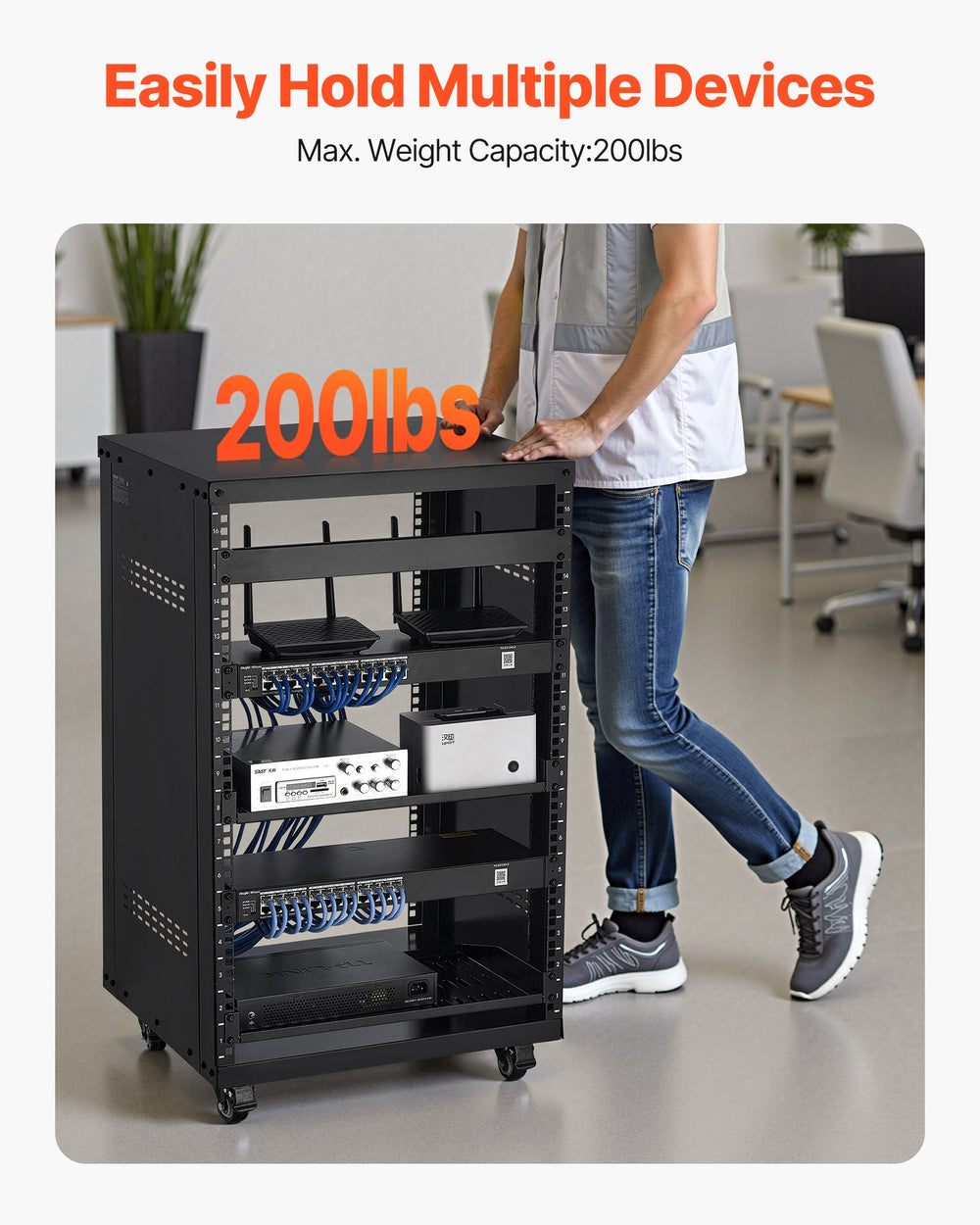 VEVOR 16U AV Rack, 90.7 kg Max Load Capacity, Home Recording Studio Rack with Lockable Caster Wheels, Open Frame Server Cabinet, Special Vent Design, for Audio Video Musical & IT Equipment Mounting