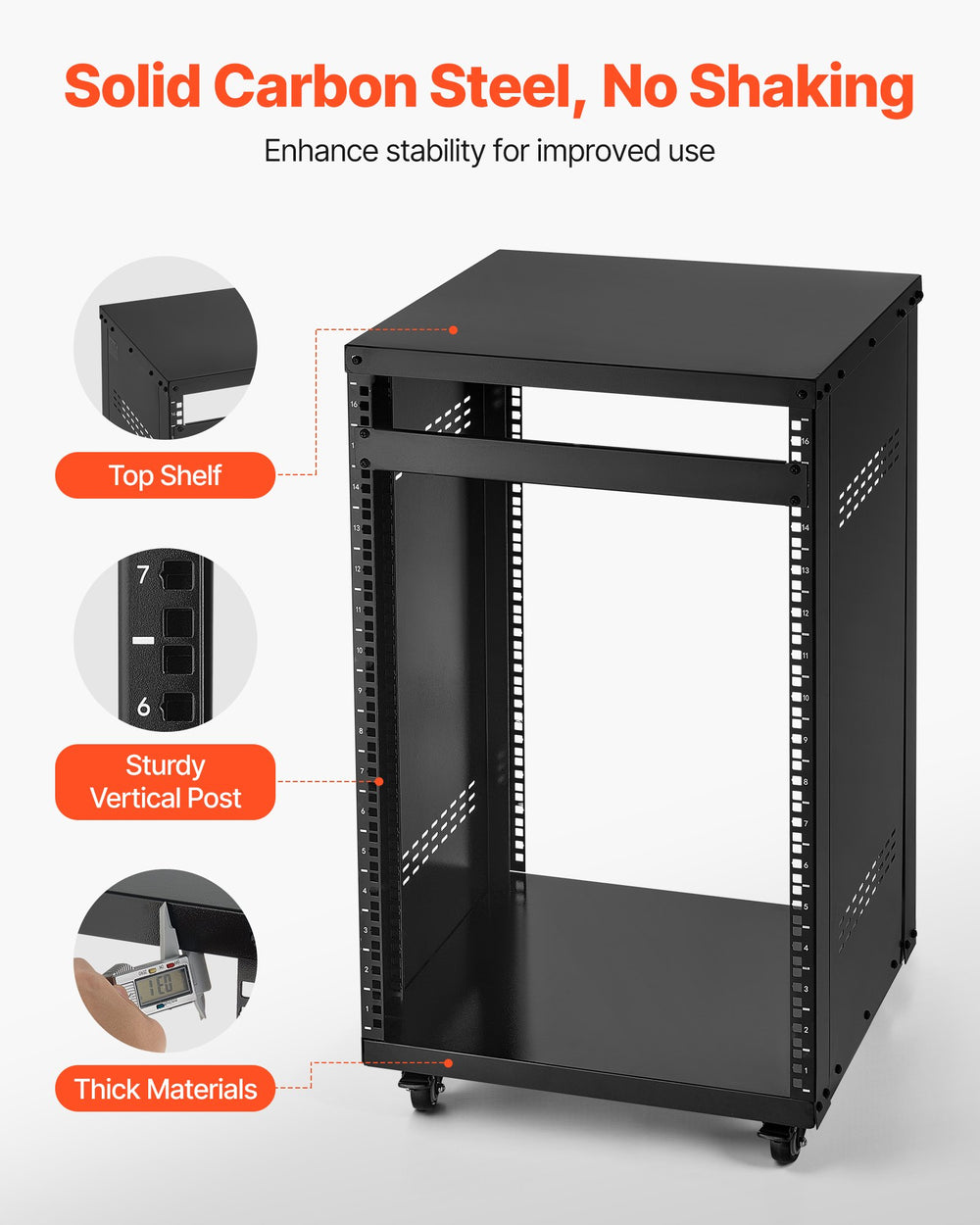 VEVOR 16U AV Rack, 90.7 kg Max Load Capacity, Home Recording Studio Rack with Lockable Caster Wheels, Open Frame Server Cabinet, Special Vent Design, for Audio Video Musical & IT Equipment Mounting