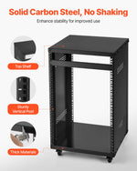 VEVOR 16U AV Rack, 90.7 kg Max Load Capacity, Home Recording Studio Rack with Lockable Caster Wheels, Open Frame Server Cabinet, Special Vent Design, for Audio Video Musical & IT Equipment Mounting