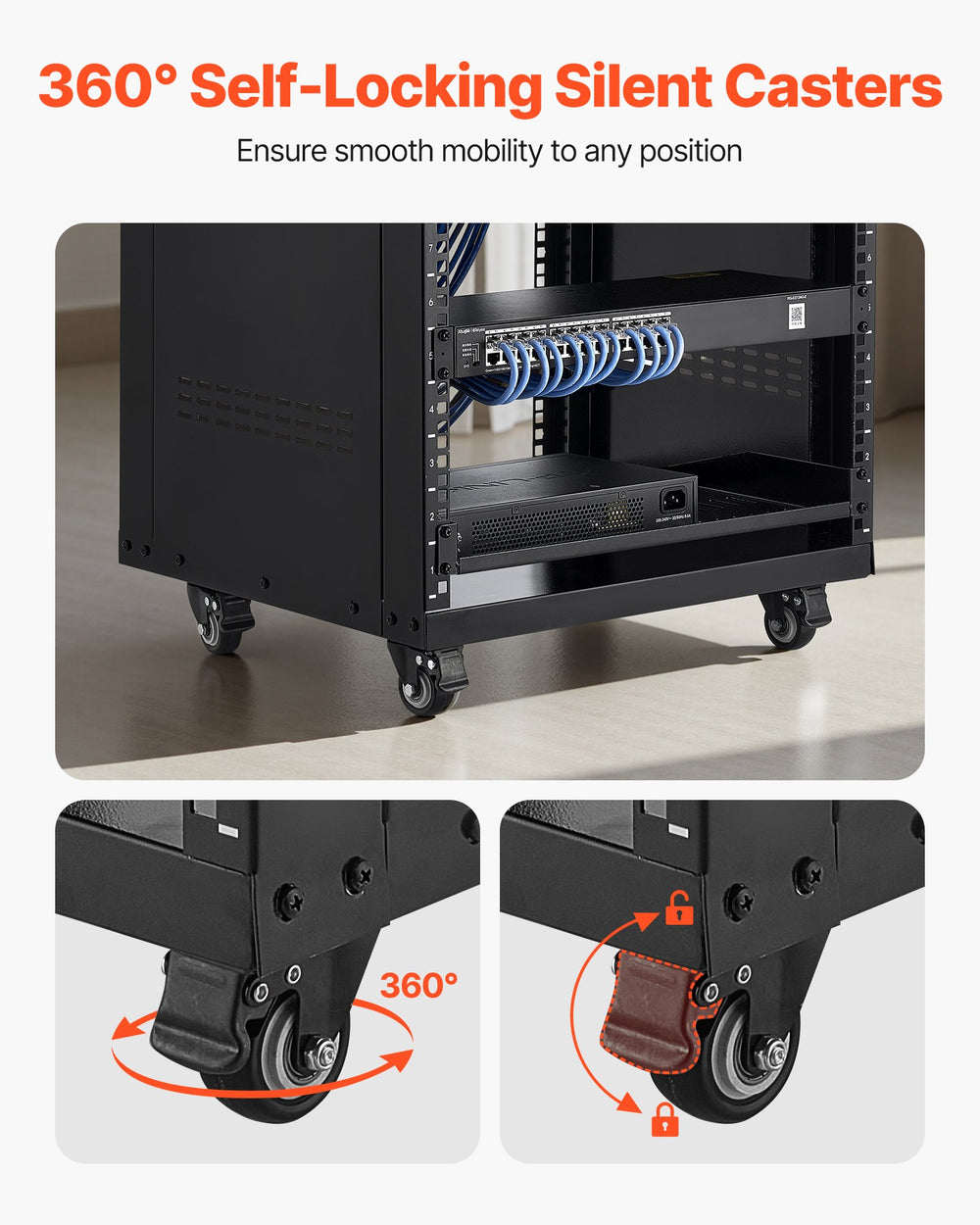 VEVOR 16U AV Rack, 90.7 kg Max Load Capacity, Home Recording Studio Rack with Lockable Caster Wheels, Open Frame Server Cabinet, Special Vent Design, for Audio Video Musical & IT Equipment Mounting