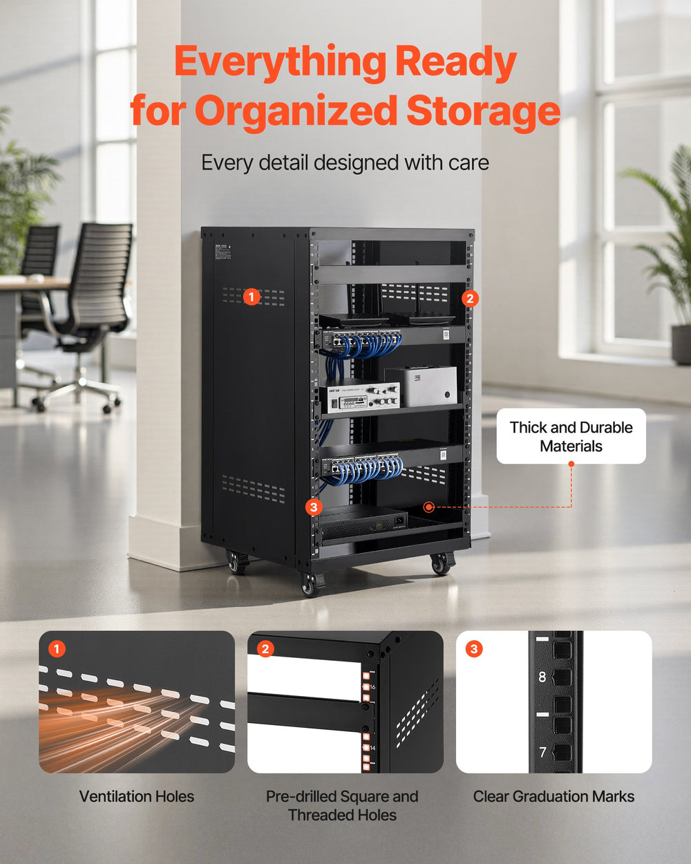 VEVOR 16U AV Rack, 90.7 kg Max Load Capacity, Home Recording Studio Rack with Lockable Caster Wheels, Open Frame Server Cabinet, Special Vent Design, for Audio Video Musical & IT Equipment Mounting