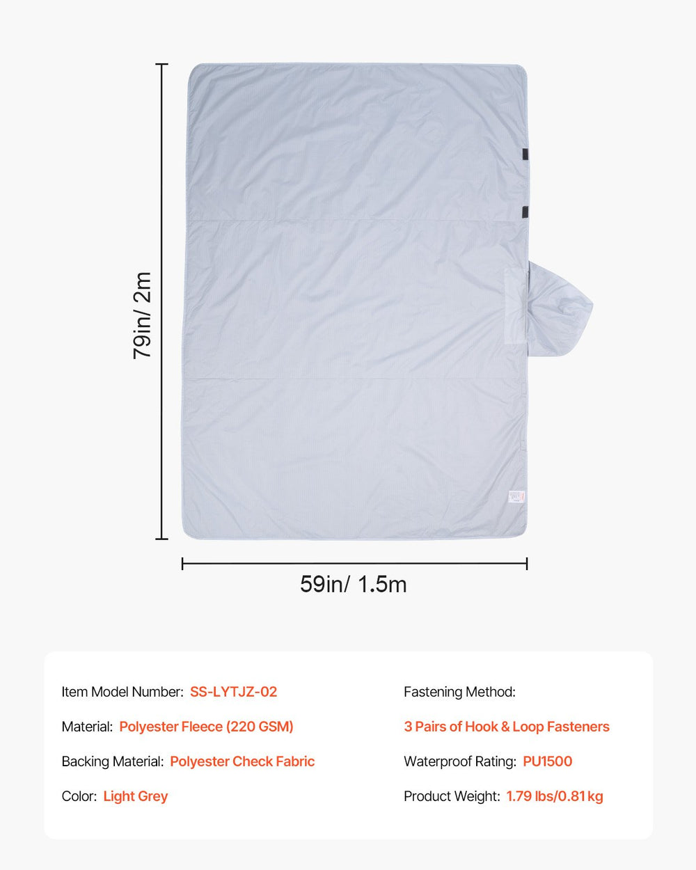 VEVOR Camping Blanket 2x1.5m (79" x 59") Wearable Warm Stadium Blanket Outdoor Light Grey