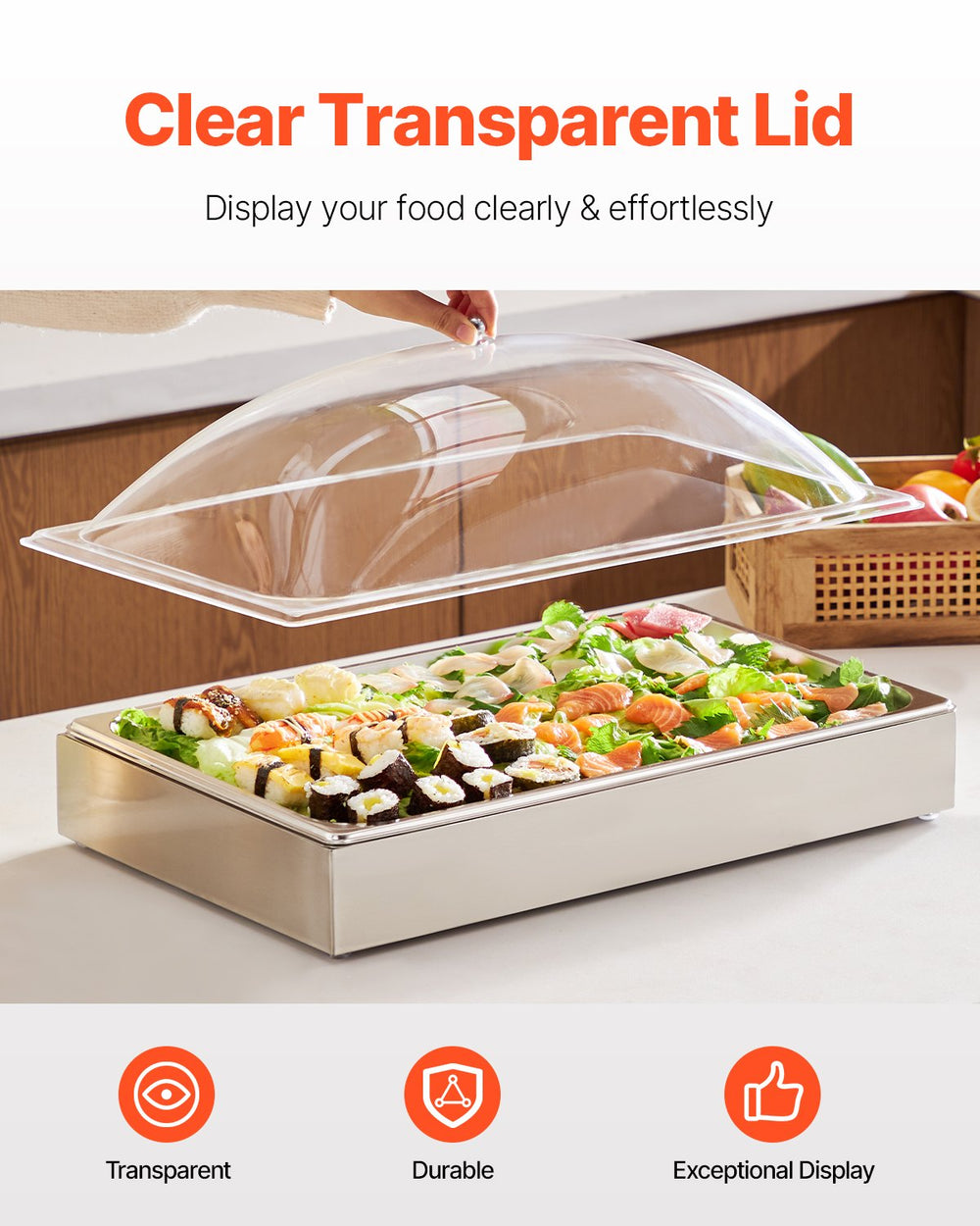 VEVOR Countertop Food Serving Display Container, 1 x 1 Pan Stainless Steel Food Serving Tray, Buffet Condiment Dispenser Display Rack with Clear Arc Lid & 3 Ice Trays, for Restaurant, Hotel, Party