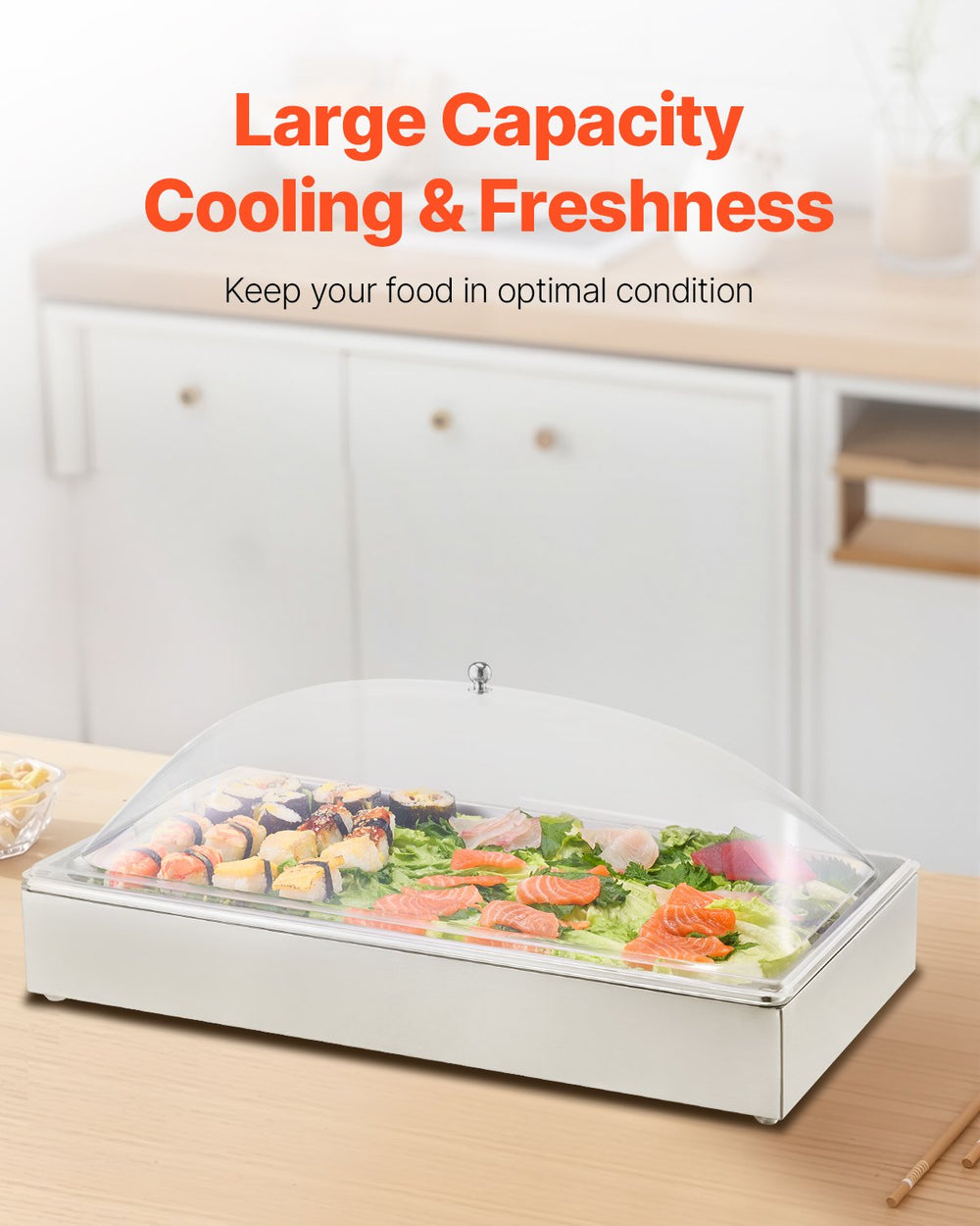 VEVOR Countertop Food Serving Display Container, 1 x 1 Pan Stainless Steel Food Serving Tray, Buffet Condiment Dispenser Display Rack with Clear Arc Lid & 3 Ice Trays, for Restaurant, Hotel, Party
