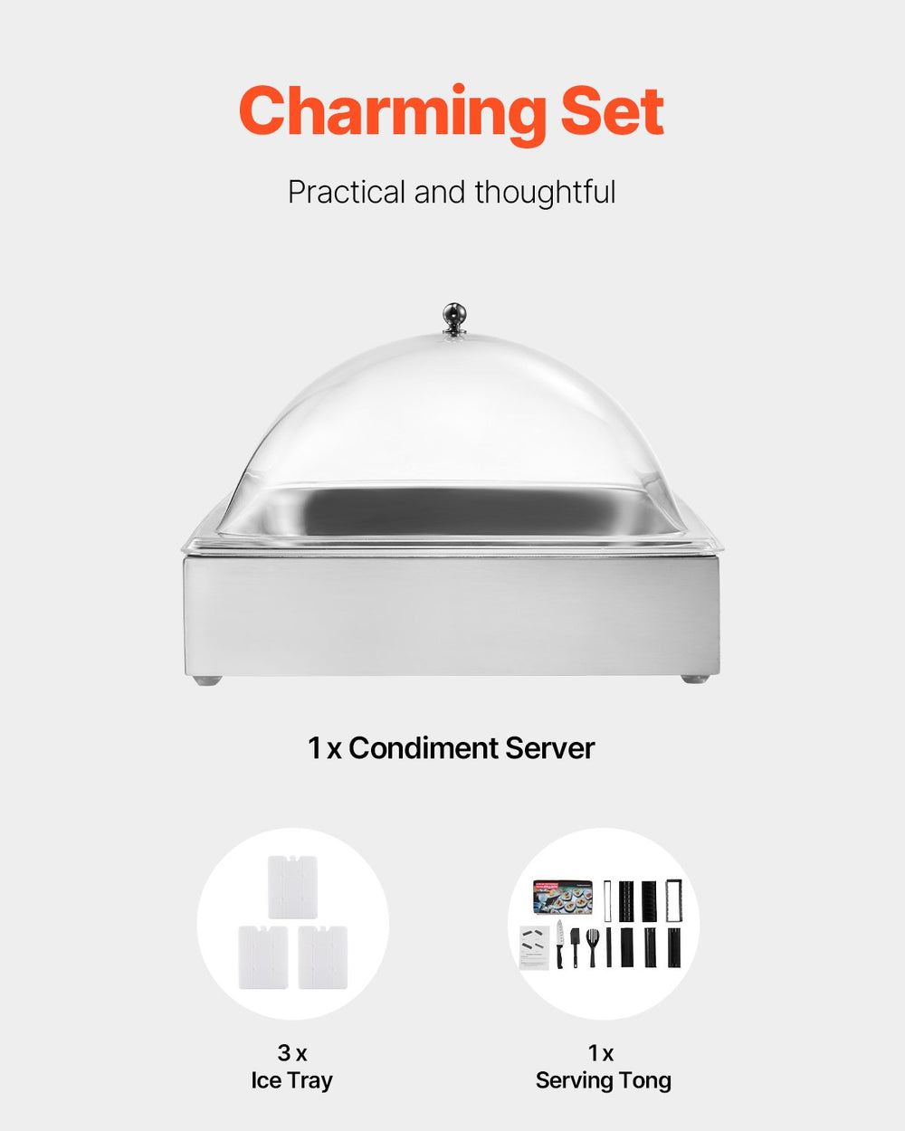 VEVOR Countertop Food Serving Display Container, 1 x 1 Pan Stainless Steel Food Serving Tray, Buffet Condiment Dispenser Display Rack with Clear Arc Lid & 3 Ice Trays, for Restaurant, Hotel, Party