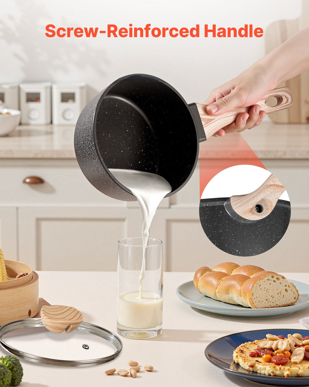 VEVOR 2.5 QT Saucepan, Nonstick Saucepan with Tempered Glass Lid, Multipurpose Cooking Sauce Pot with Detachable Handle, Sauce Pan Small Kitchen Cooking Pot with Coating, Induction Compatible, Black