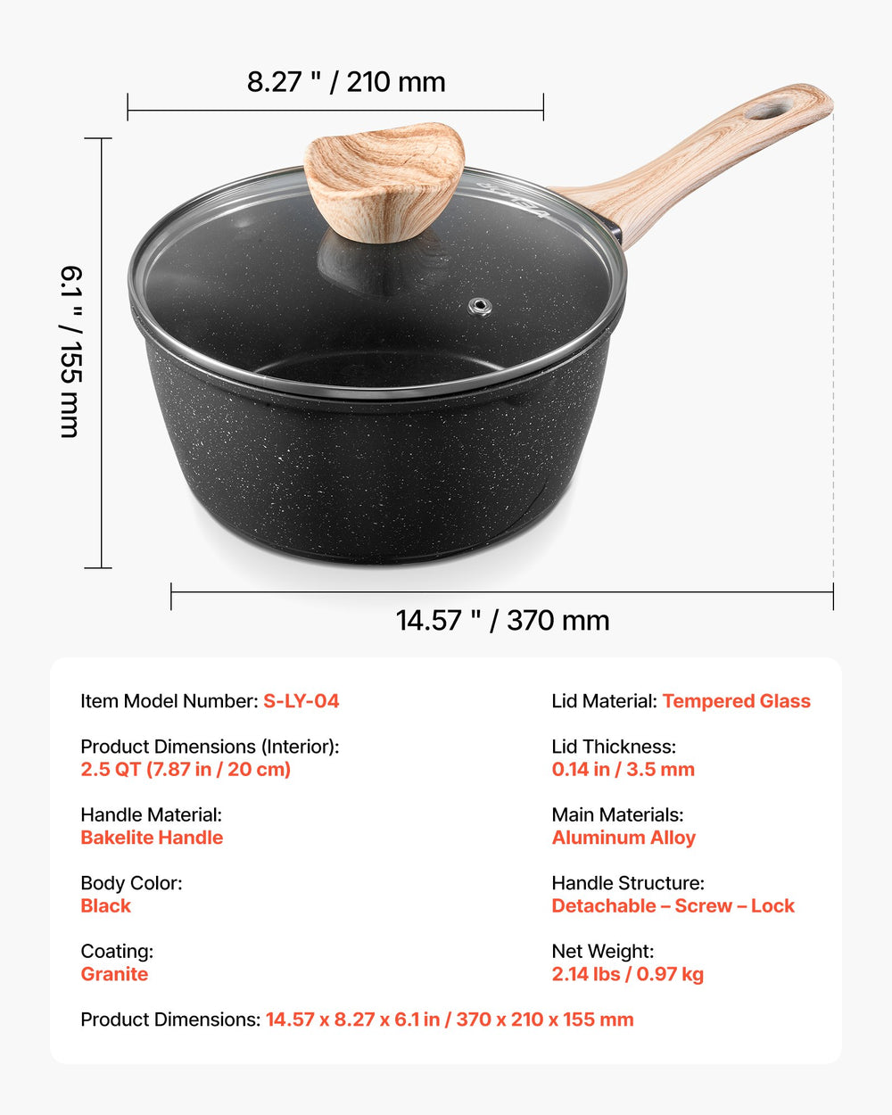 VEVOR 2.5 QT Saucepan, Nonstick Saucepan with Tempered Glass Lid, Multipurpose Cooking Sauce Pot with Detachable Handle, Sauce Pan Small Kitchen Cooking Pot with Coating, Induction Compatible, Black