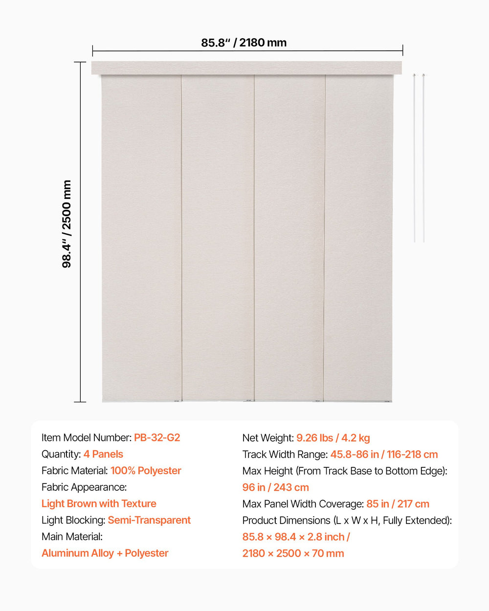 VEVOR Panel Track Blinds, Extendable Track from 116 cm to 218 cm W, Trimmable Panel Curtains Up to 243cm H, Adjustable Vertical Panel Blinds for Sliding Doors, Patio Doors, Room Divider, Light Brown