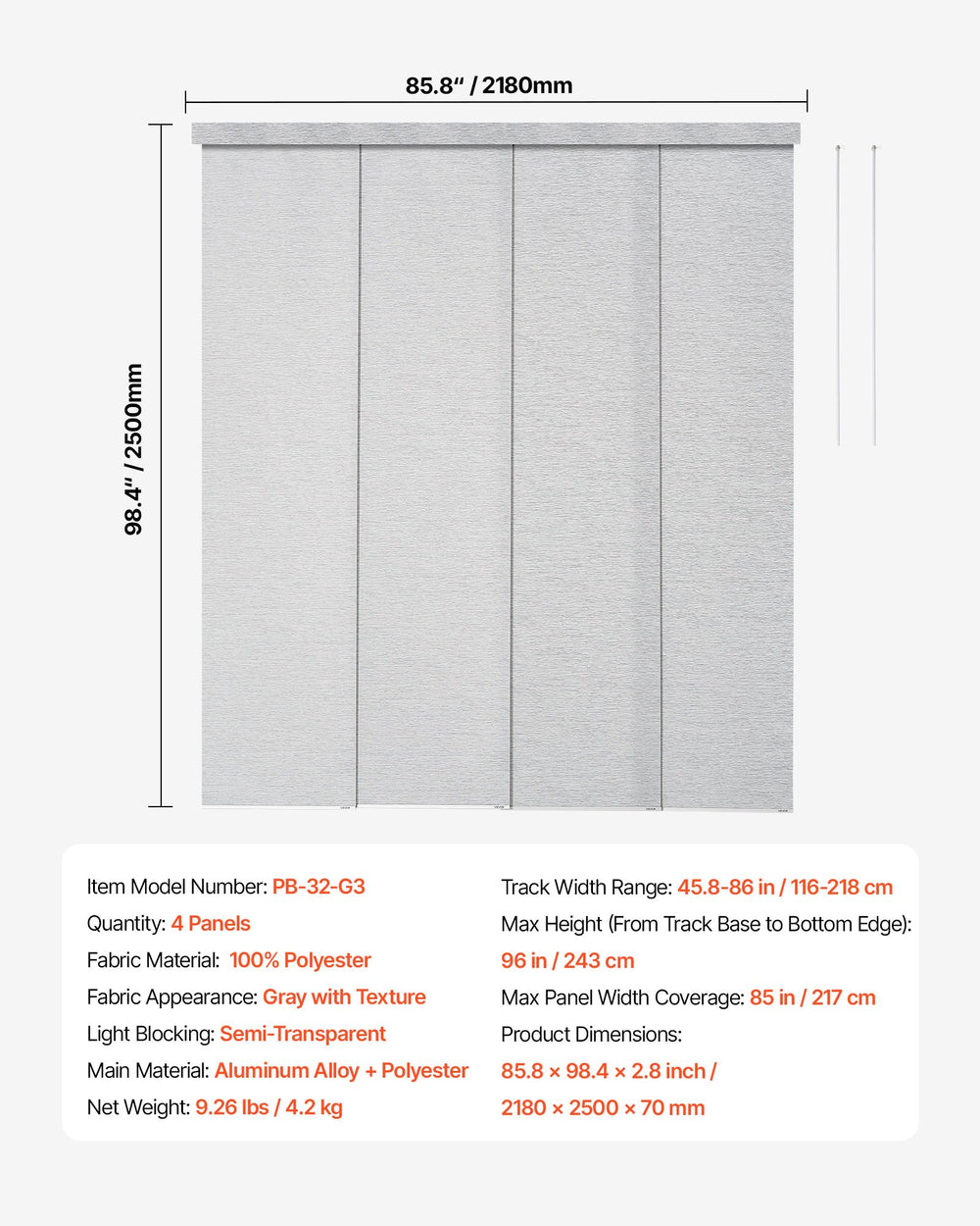 VEVOR Panel Track Blinds, Extendable Track from 116 cm to 218 cm W, Trimmable Panel Curtains Up to 243cm H, Adjustable Vertical Panel Blinds for Sliding Doors, Patio Doors, Room Divider, Window, Gray