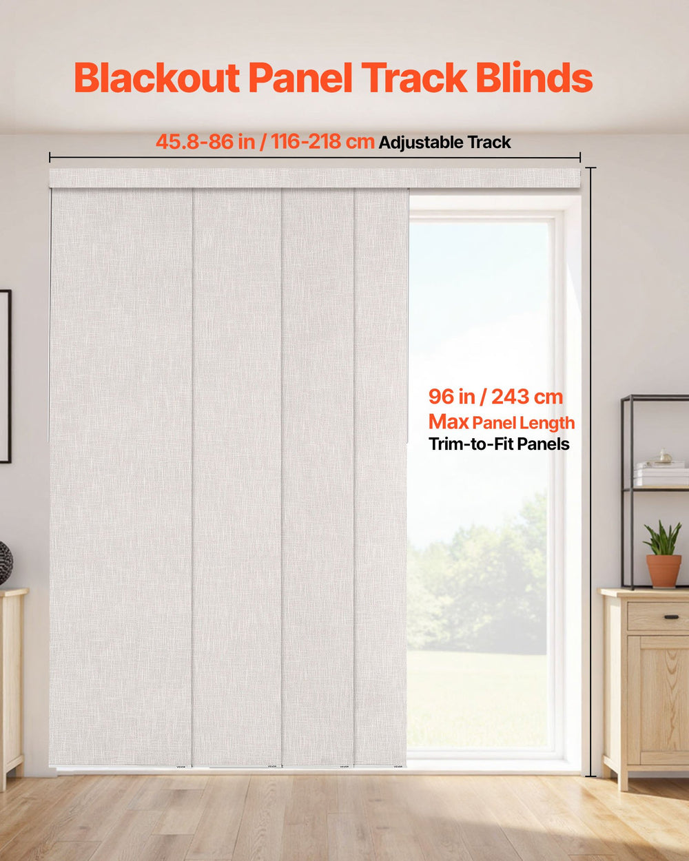 VEVOR Panel Track Blinds, Extendable Track from 116 cm to 218 cm W, Trimmable Panel Curtains Up to 243cm H, Vertical Blackout Panel Blinds for Sliding Doors, Patio Doors, Room Divider, Light Gray