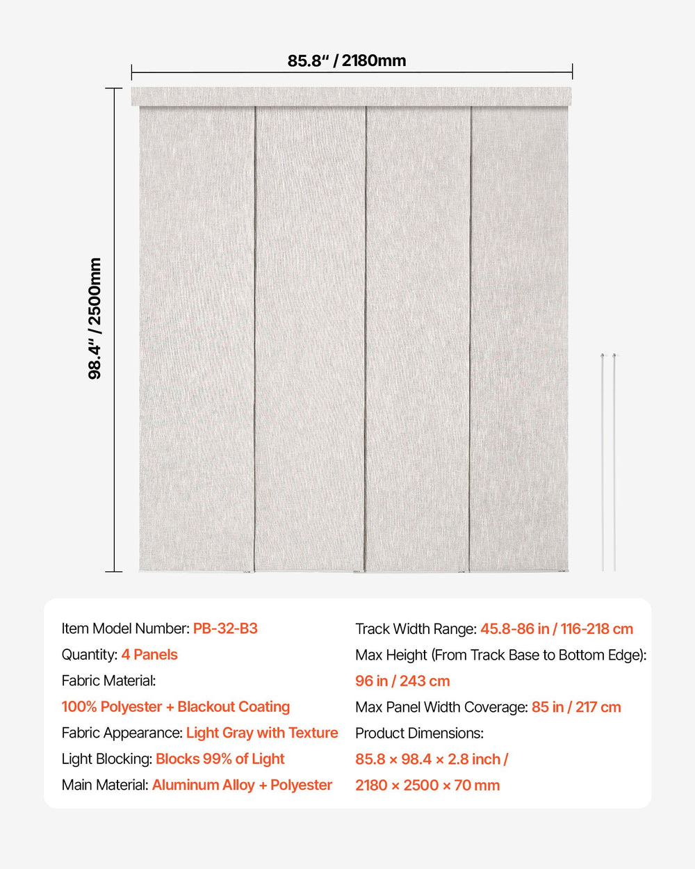 VEVOR Panel Track Blinds, Extendable Track from 116 cm to 218 cm W, Trimmable Panel Curtains Up to 243cm H, Vertical Blackout Panel Blinds for Sliding Doors, Patio Doors, Room Divider, Light Gray