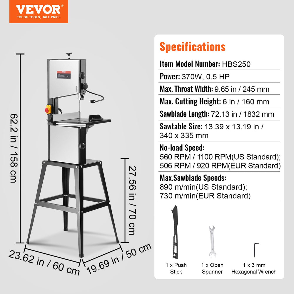 VEVOR Band Saw with Stand Benchtop Bandsaw 24.5 cm 370W Two-Speed Adjustable