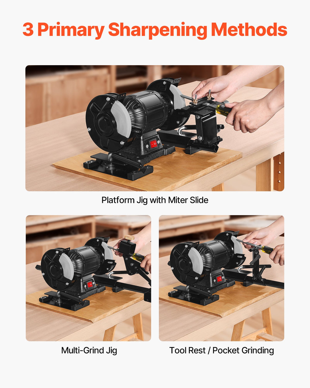 VEVOR Pro Grind Sharpening System, Multi-Grind Sharpening Jig for 152mm & 203mm Bench Grinder - with Platform Jig, Tool Rest Bar, Setup Block, Miter Slide, Micro Bevel Block, for Woodturning Tools