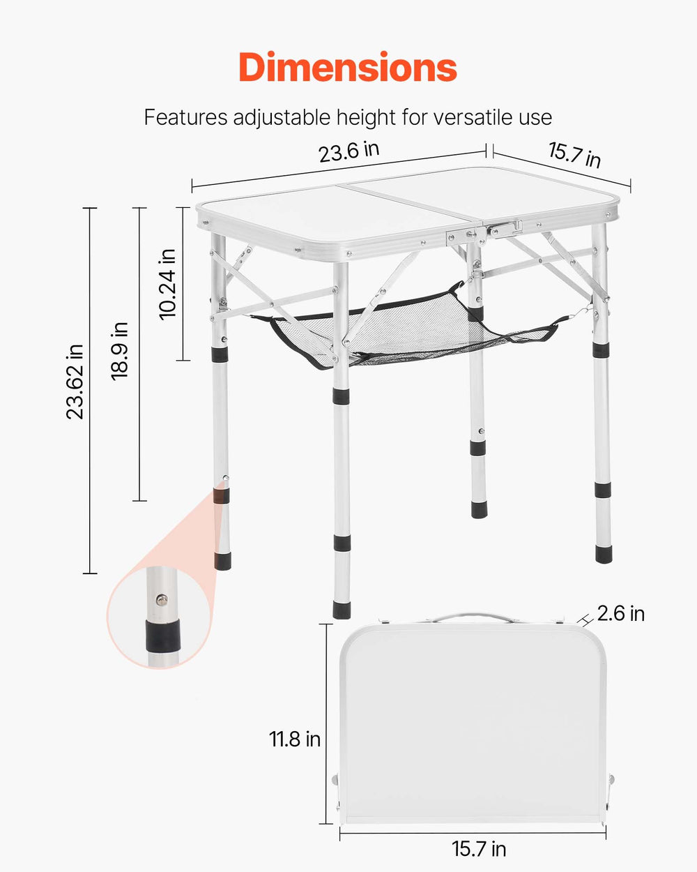 VEVOR Folding Camping Table, Adjustable Height Portable Side Tables, Aluminum MDF Beach Table with Mesh Layer, Carrying Handle, Lightweight Compact for Outdoor Picnic BBQ Cooking, 24x16in, Silver