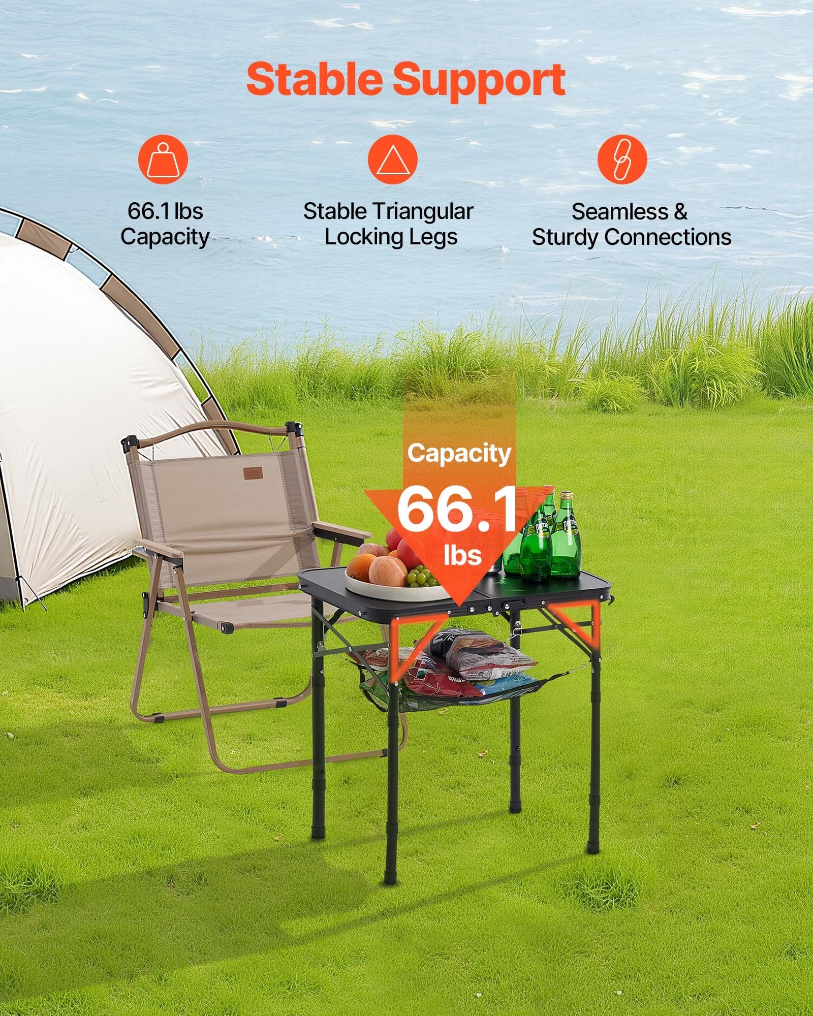 VEVOR Folding Camping Table, Adjustable Height Portable Side Tables, Aluminum MDF Beach Table with Mesh Layer, Carrying Handle, Lightweight Compact for Outdoor Picnic BBQ Cooking, 24x16in, Black