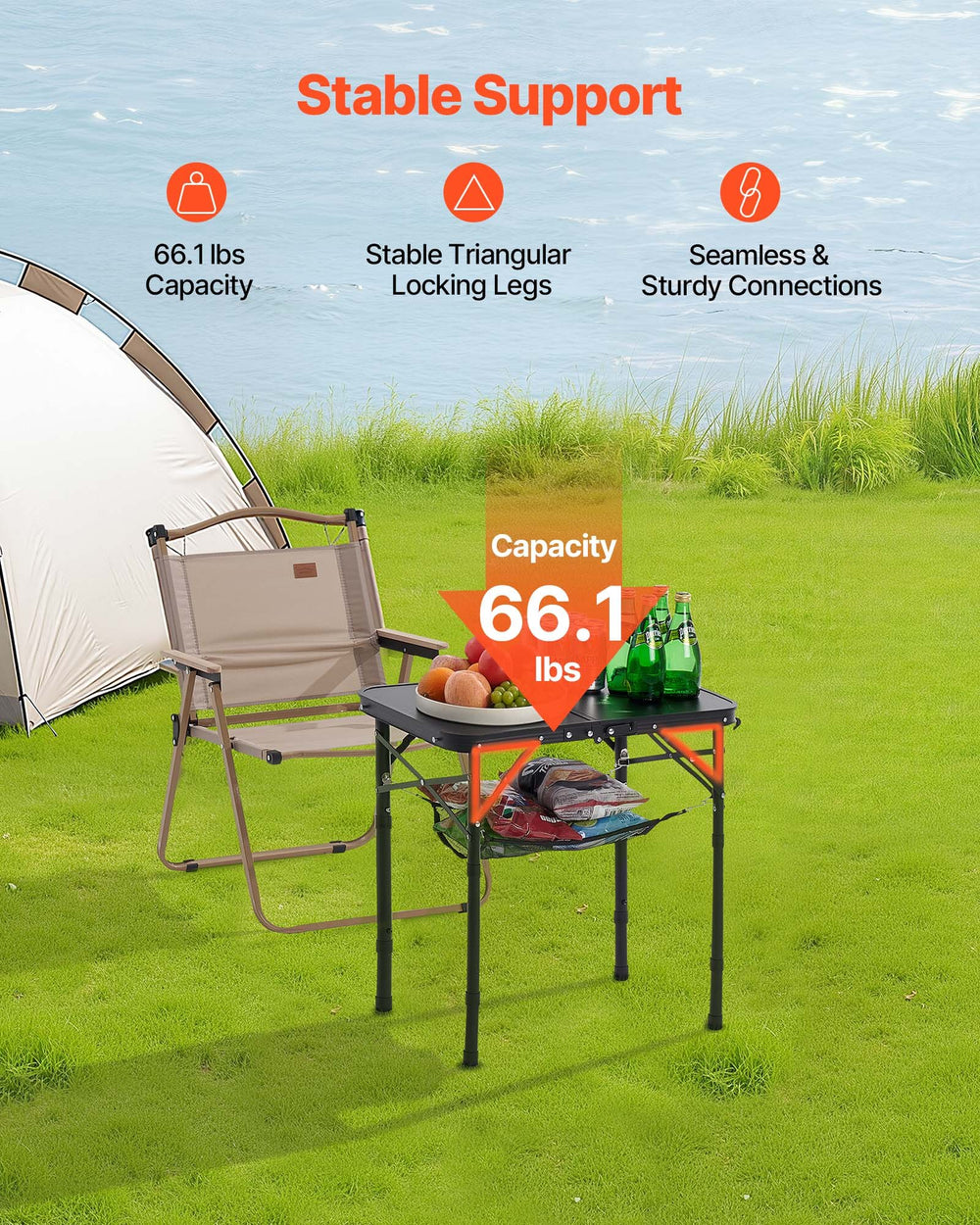 VEVOR Folding Camping Table, Adjustable Height Portable Side Tables, Aluminum MDF Beach Table with Mesh Layer, Carrying Handle, Lightweight Compact for Outdoor Picnic BBQ Cooking, 24x16in, Black
