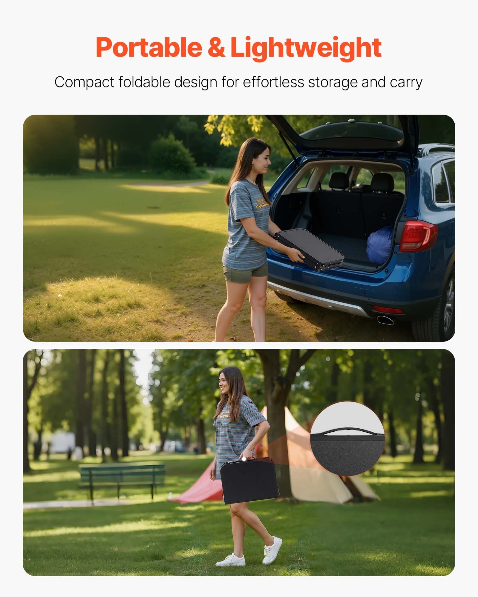 VEVOR Folding Camping Table, Adjustable Height Portable Side Tables, Aluminum MDF Beach Table with Mesh Layer, Carrying Handle, Lightweight Compact for Outdoor Picnic BBQ Cooking, 24x16in, Black