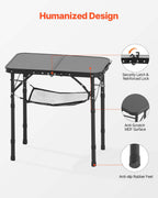 VEVOR Folding Camping Table, Adjustable Height Portable Side Tables, Aluminum MDF Beach Table with Mesh Layer, Carrying Handle, Lightweight Compact for Outdoor Picnic BBQ Cooking, 24x16in, Black