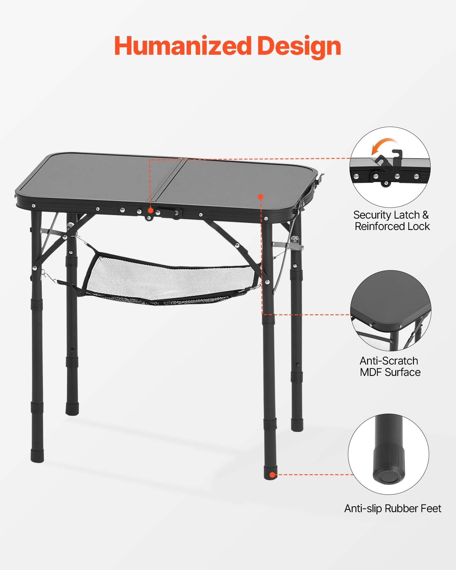VEVOR Folding Camping Table, Adjustable Height Portable Side Tables, Aluminum MDF Beach Table with Mesh Layer, Carrying Handle, Lightweight Compact for Outdoor Picnic BBQ Cooking, 24x16in, Black