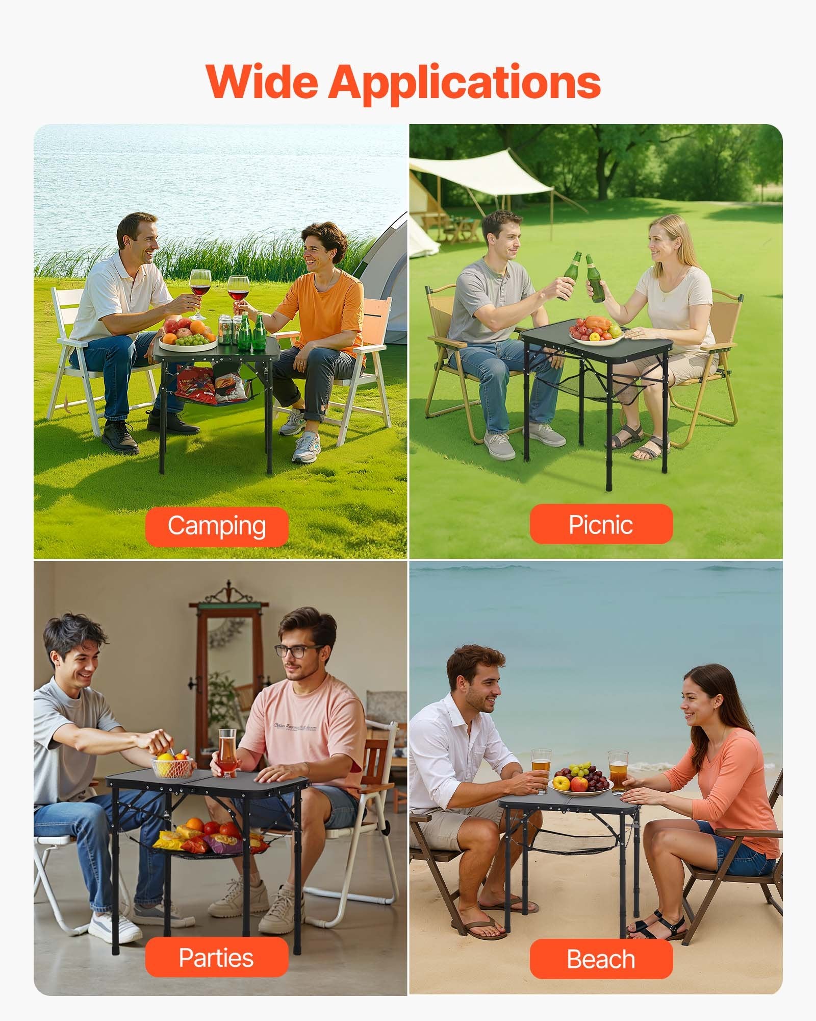 VEVOR Folding Camping Table, Adjustable Height Portable Side Tables, Aluminum MDF Beach Table with Mesh Layer, Carrying Handle, Lightweight Compact for Outdoor Picnic BBQ Cooking, 24x16in, Black