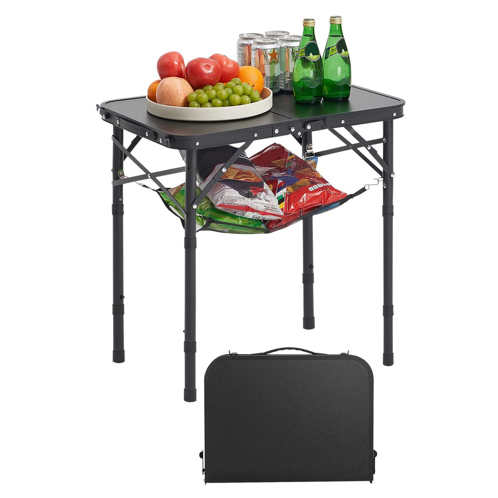 VEVOR Folding Camping Table, Adjustable Height Portable Side Tables, Aluminum MDF Beach Table with Mesh Layer, Carrying Handle, Lightweight Compact for Outdoor Picnic BBQ Cooking, 24x16in, Black