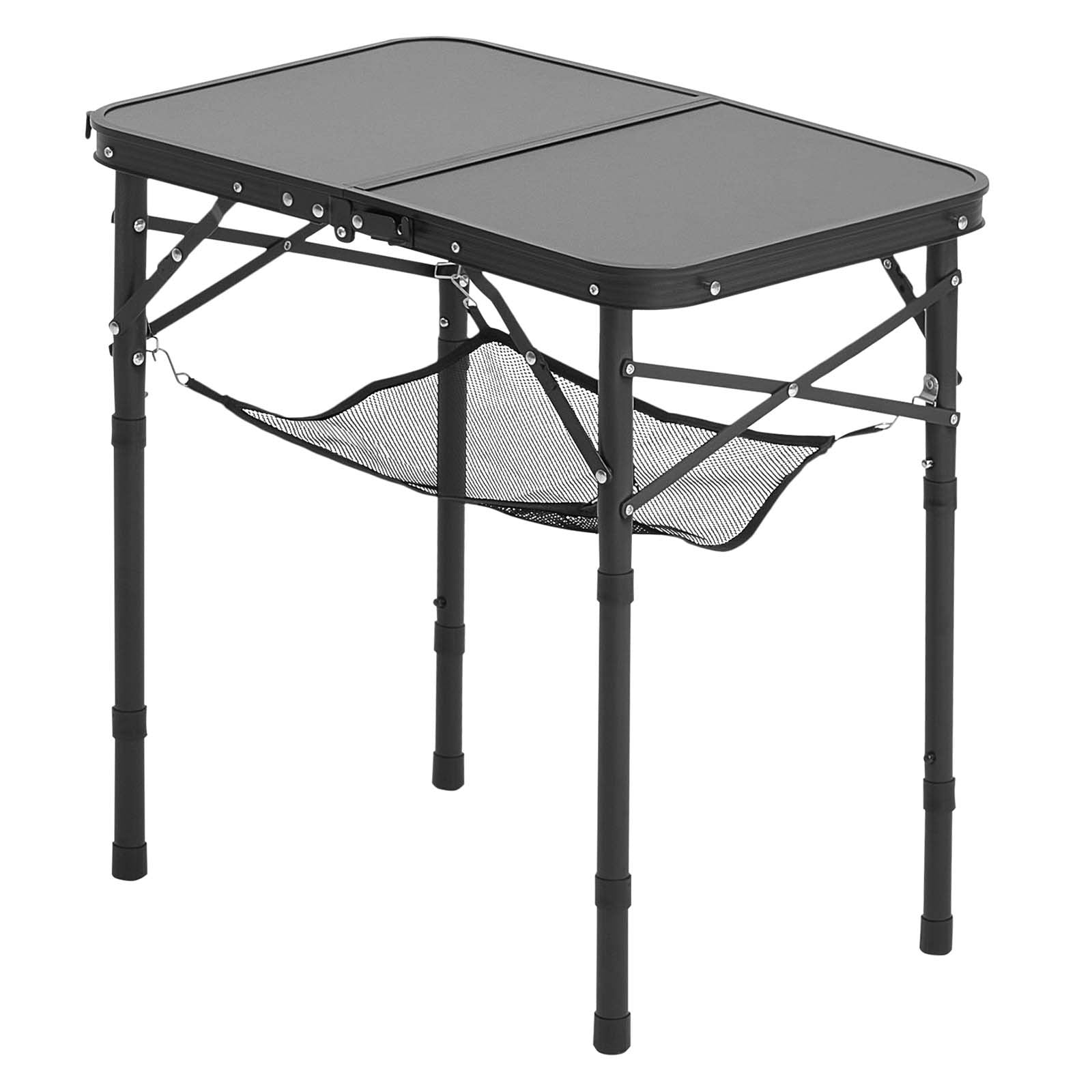 VEVOR Folding Camping Table, Adjustable Height Portable Side Tables, Aluminum MDF Beach Table with Mesh Layer, Carrying Handle, Lightweight Compact for Outdoor Picnic BBQ Cooking, 24x16in, Black