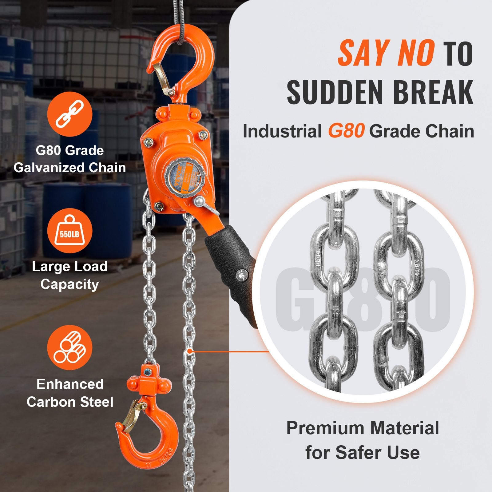 VEVOR Manual Lever Chain Hoist, 1/4 Ton 250 kg Capacity 3.05m Come Along, G80 Galvanized Carbon Steel with Weston Double-Pawl Brake, Auto Chain Leading & 360° Rotation Hook, for Garage Factory Dock
