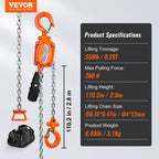 VEVOR Manual Lever Chain Hoist, 1/4 Ton 250 kg Capacity 3.05m Come Along, G80 Galvanized Carbon Steel with Weston Double-Pawl Brake, Auto Chain Leading & 360° Rotation Hook, for Garage Factory Dock