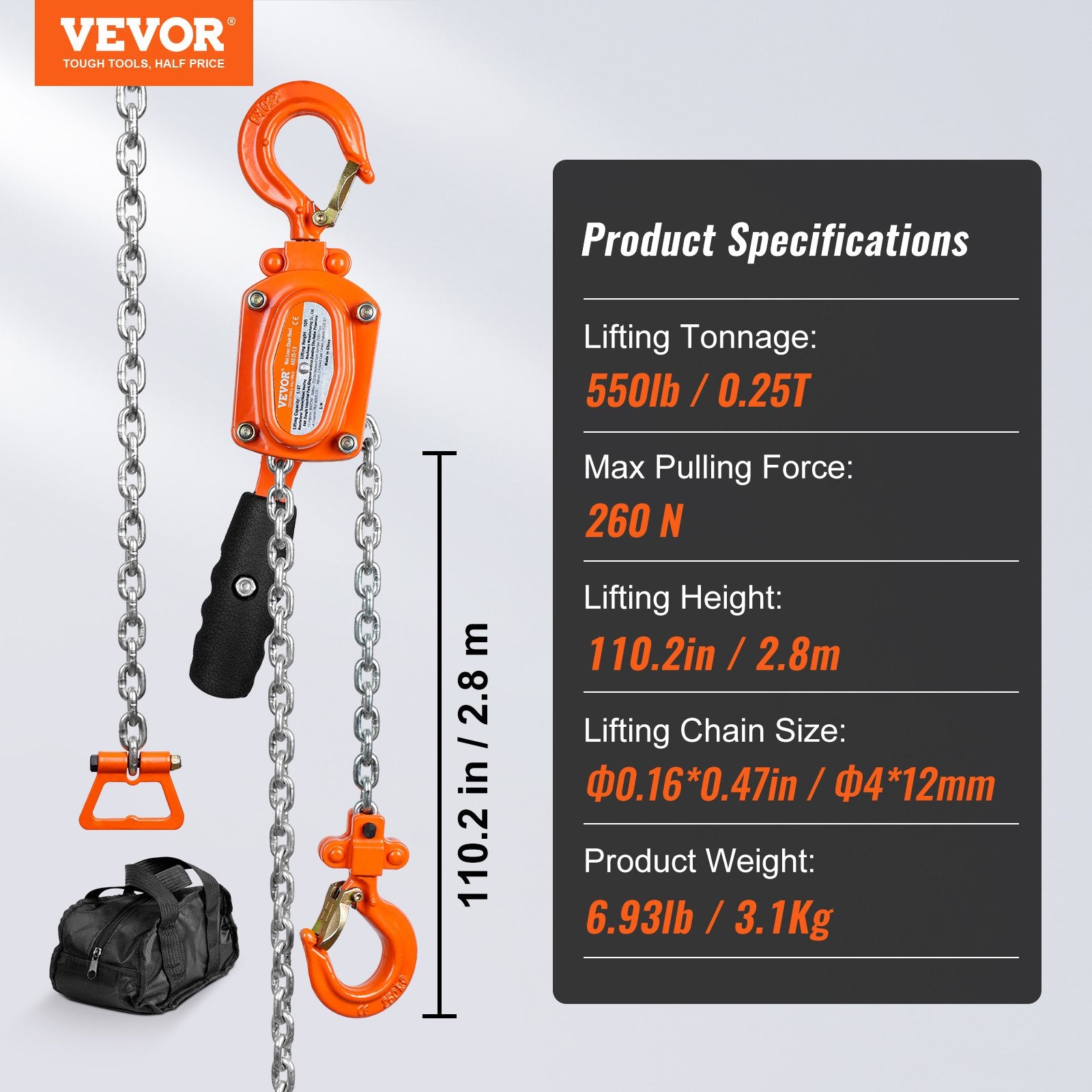 VEVOR Manual Lever Chain Hoist, 1/4 Ton 250 kg Capacity 3.05m Come Along, G80 Galvanized Carbon Steel with Weston Double-Pawl Brake, Auto Chain Leading & 360° Rotation Hook, for Garage Factory Dock
