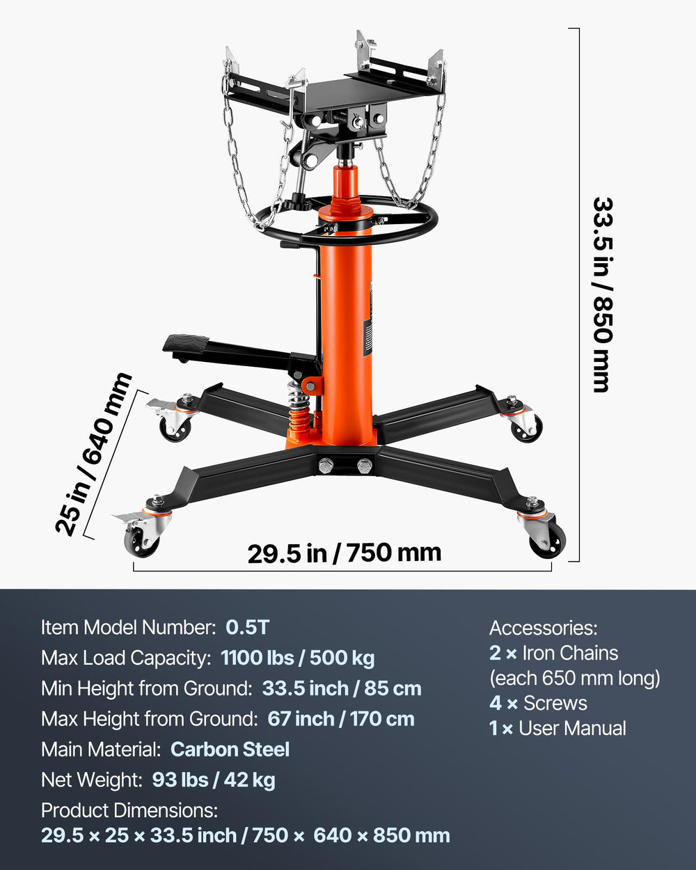 VEVOR Transmission Jack 1100 lbs 2-Stage Hydraulic High Lift Vertical Telescopic