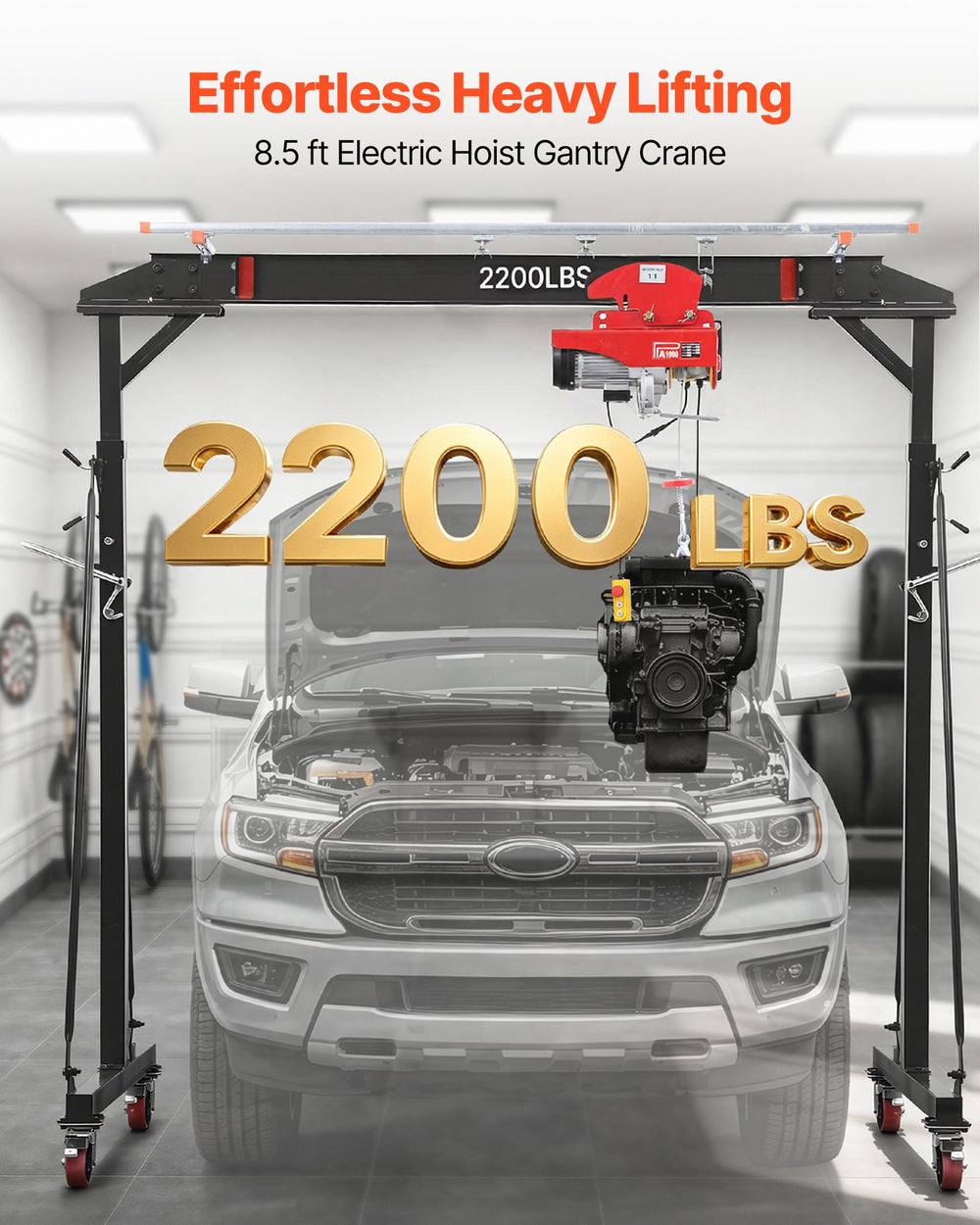 VEVOR Adjustable Gantry Crane, 997.9 kg Capacity, Portable Shop Lift Hoist with 243-363 cm Height Adjustable, Manual Trolley, Electrical Hoist, Sling, Shackles, Hook, for Factory Warehouse Auto Repair