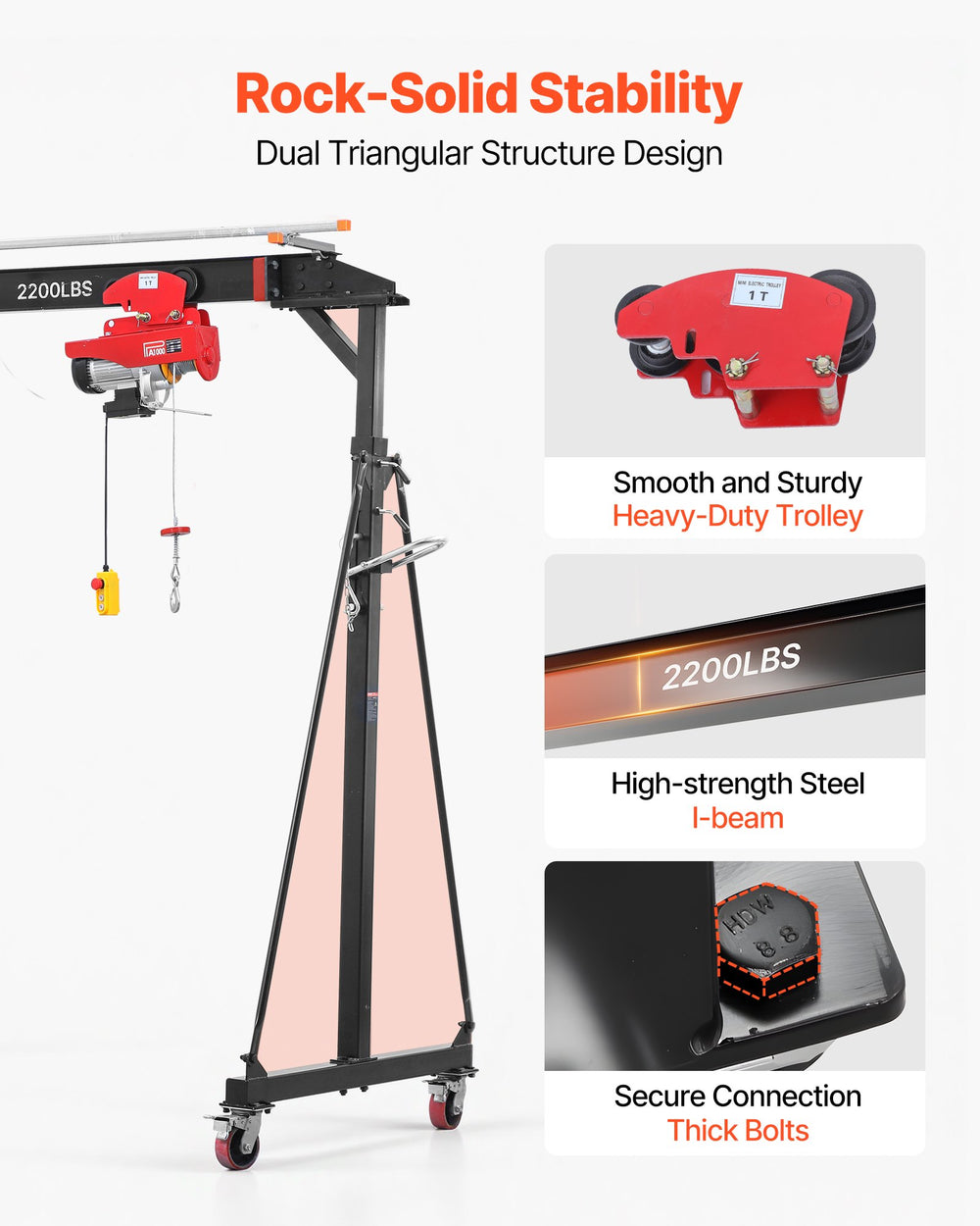 VEVOR Adjustable Gantry Crane, 997.9 kg Capacity, Portable Shop Lift Hoist with 243-363 cm Height Adjustable, Manual Trolley, Electrical Hoist, Sling, Shackles, Hook, for Factory Warehouse Auto Repair