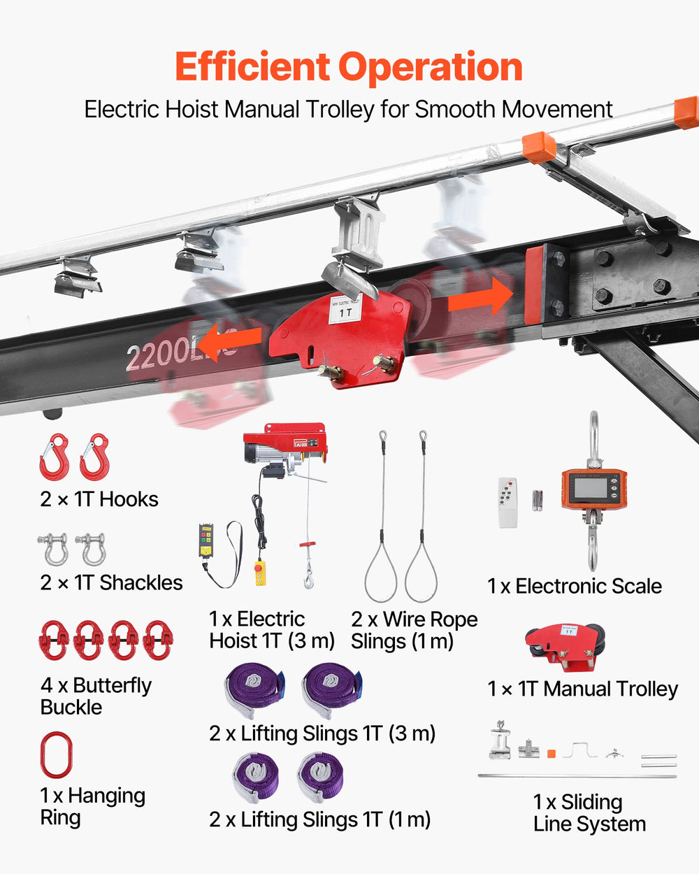 VEVOR Adjustable Gantry Crane, 997.9 kg Capacity, Portable Shop Lift Hoist with 243-363 cm Height Adjustable, Manual Trolley, Electrical Hoist, Sling, Shackles, Hook, for Factory Warehouse Auto Repair