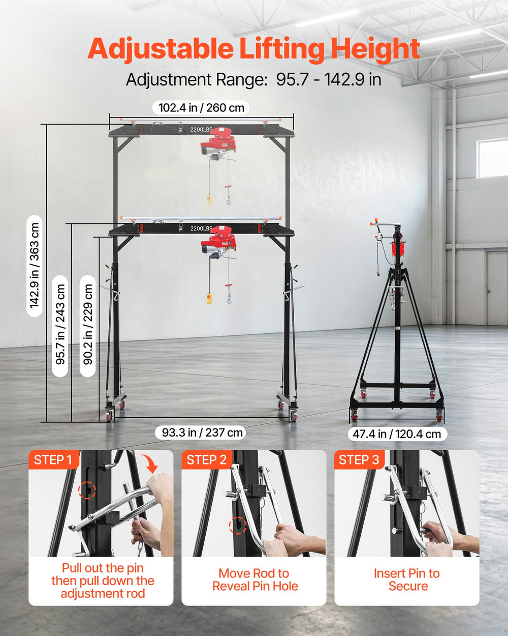 VEVOR Adjustable Gantry Crane, 997.9 kg Capacity, Portable Shop Lift Hoist with 243-363 cm Height Adjustable, Manual Trolley, Electrical Hoist, Sling, Shackles, Hook, for Factory Warehouse Auto Repair